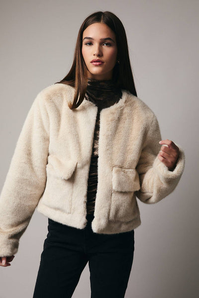 Round Neck Long Sleeve Fur Outerwear: Beige