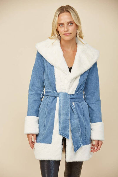 Soft Faux Fur Lined Denim Coat with Sash: Taupe