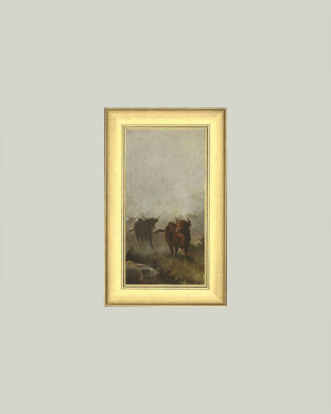 Bulls in a Misty Morning Framed Antique Art: 6x8