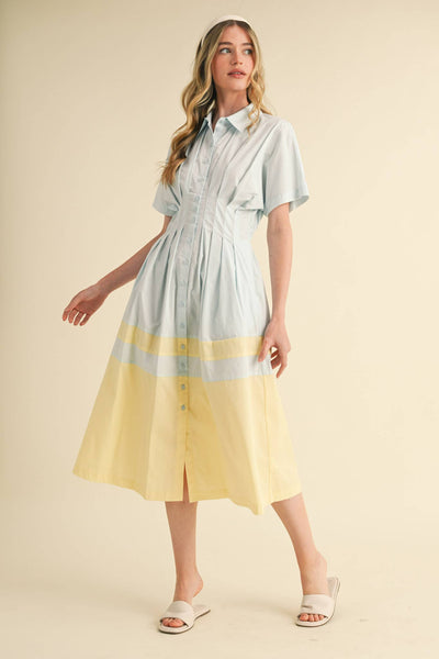 Button Down Midi Dress - Blue & Yellow