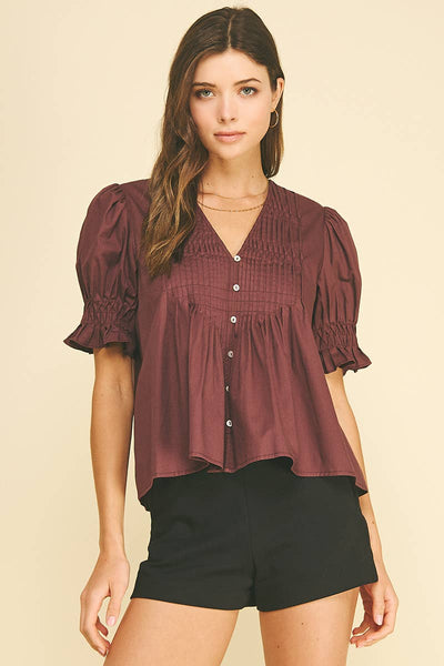 Tucked Detail Button Down Blouse - Plum