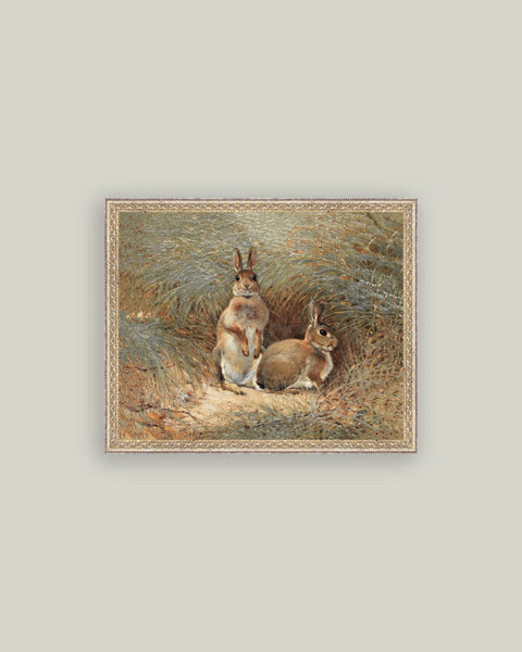 Bunnies Framed Antique Art: 7x5