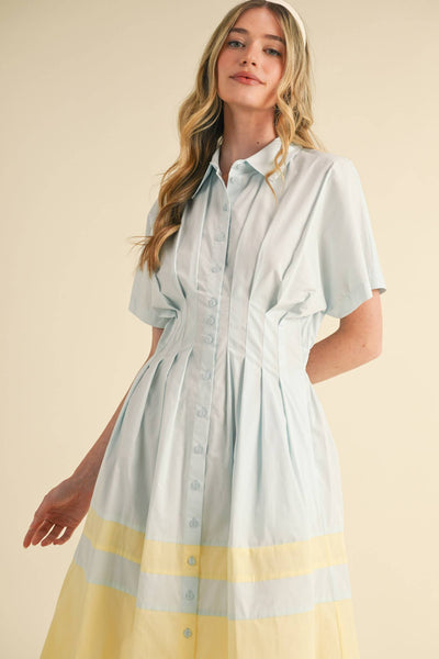 Button Down Midi Dress - Blue & Yellow