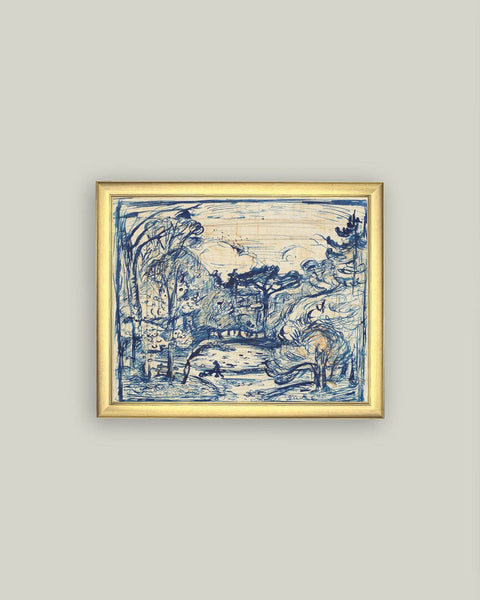 Forest with Woodcutter Framed Antique Art: 8x6