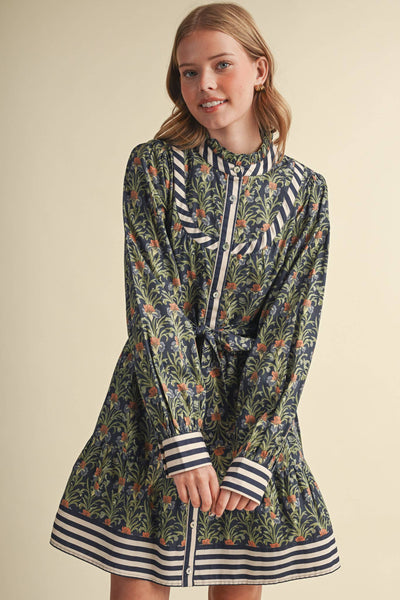 Floral Button Down Belted Mini Dress - Navy Garden