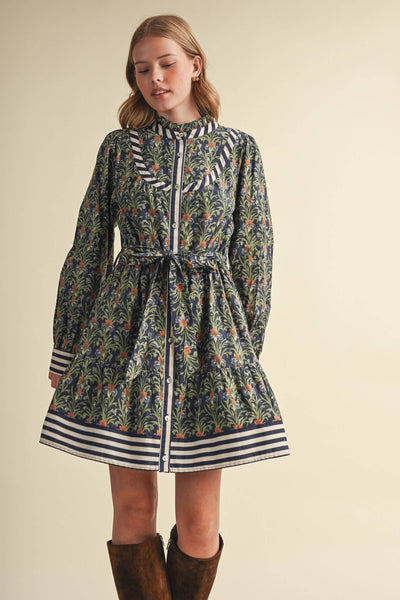 Floral Button Down Belted Mini Dress - Navy Garden