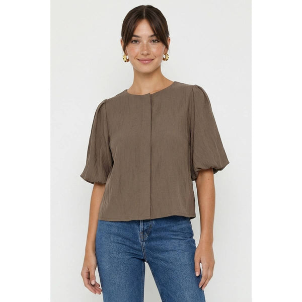 Puff Sleeve Button Up Blouse: Sable / M