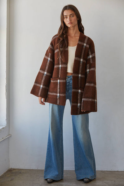 Knit Sweater Open Front Long Sleeve Cardigan Top: Brown White