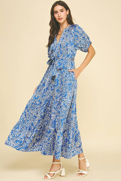 DAMASK PRINT TIERED MAXI DRESS - 6132DA: DEEP BLUE / S