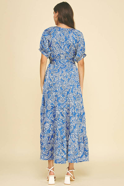 DAMASK PRINT TIERED MAXI DRESS - 6132DA: DEEP BLUE / S