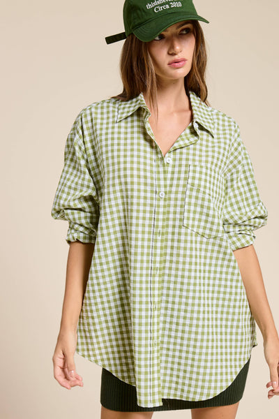 Oversized Gingham Button Down Shirt: leaf green