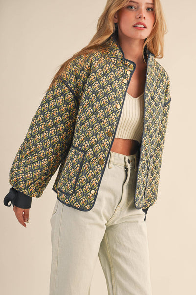 FLORAL QUILTED JACKET WITH RIBBON SLEEVE DETAIL MJK4432: Navy Teal Multi Floral / S