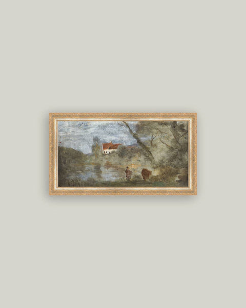 Cowherd by the Pond Framed Antique Art: 32x18