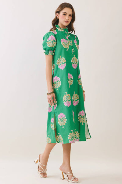 Floral Print Ruffle Collar Button Down Midi Dress - Green