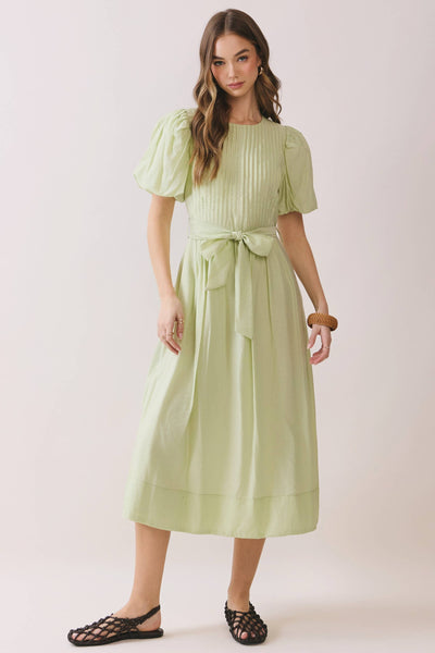 Pintuck Detail Puff Sleeve Tie-Waist Midi Dress - Mint