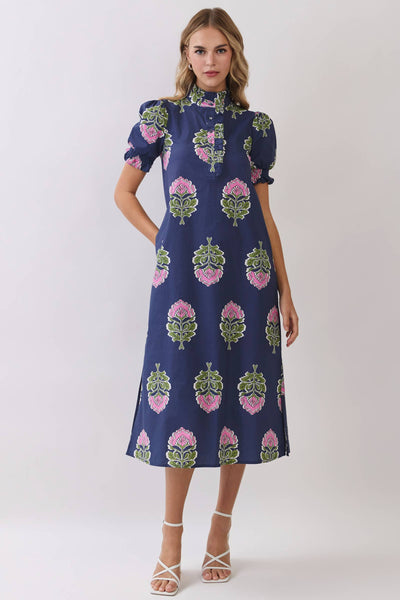 Floral Print Ruffle Collar Button Down Midi Dress: Navy