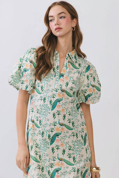 Peacock Print Puff Sleeve Midi Dress - Cream