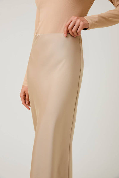 Bias Satin Midi Skirt: Tan