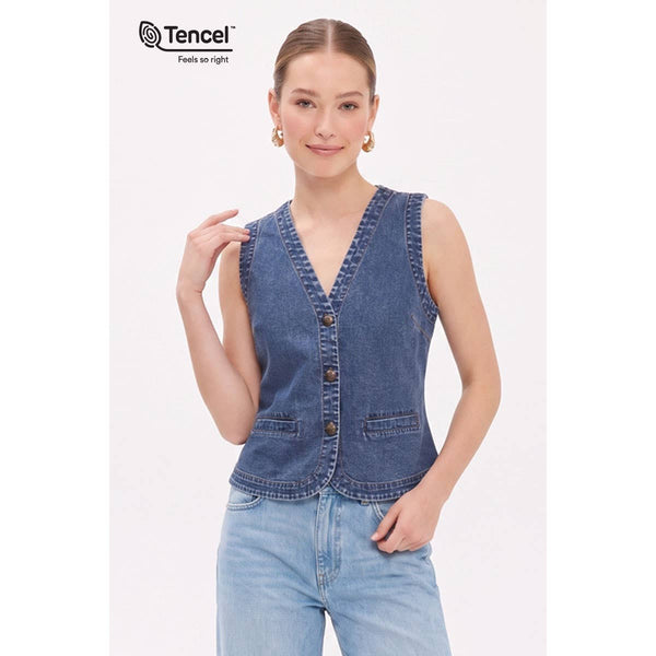 Tencel Acid Wash Denim Vest With Front Welt Pockets: Dark Blue