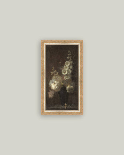 Hollyhock Bouquet Framed Antique Art: 7x9