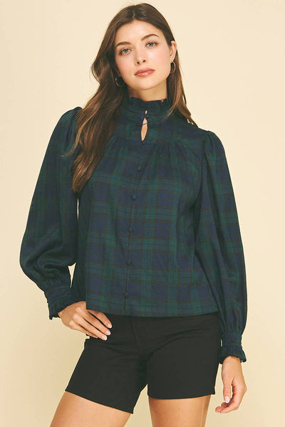 PLAID RUFFLED MOCK NECK SHIRT - 7609T: NAVY/GREEN / S