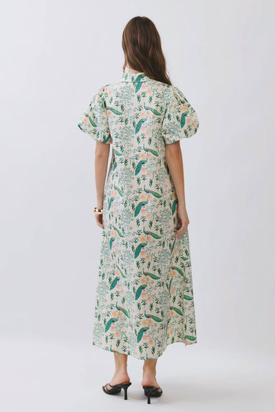 Peacock Print Puff Sleeve Midi Dress - Cream