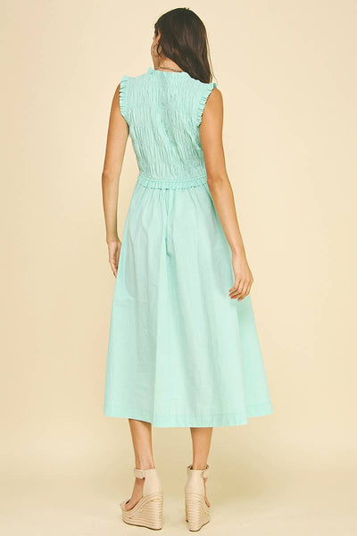 Front-Tie Smocking Midi Dress - Aqua