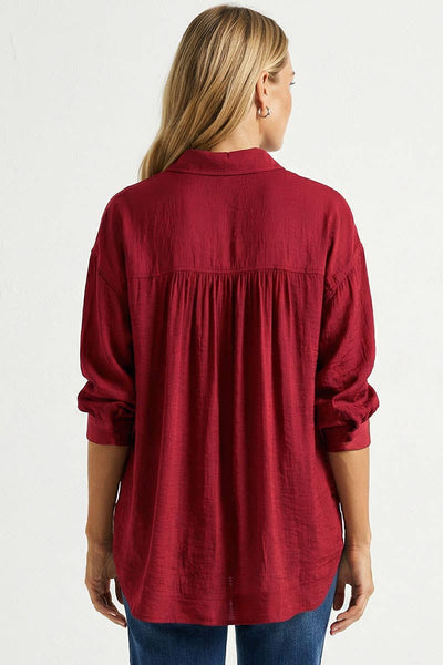 Oversized 3/4 Sleeve Button Up Blouse: Navy / S