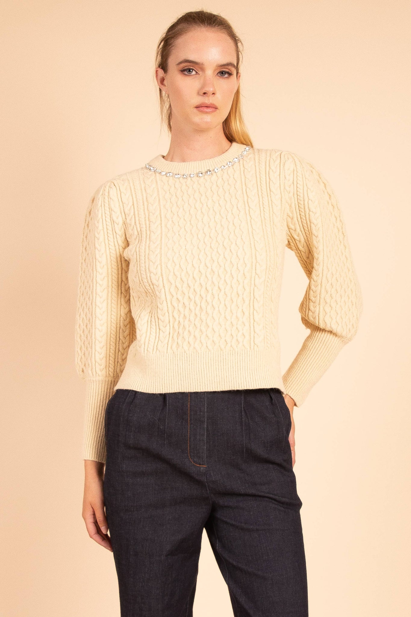 Accent Neck Cable Knit Sweater