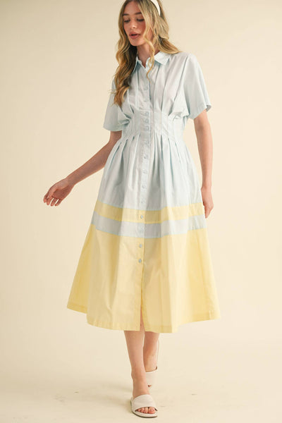 Button Down Midi Dress - Blue & Yellow
