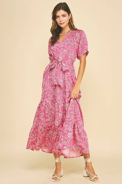 DAMASK PRINT TIERED MAXI DRESS - 6132DA: DEEP BLUE / S