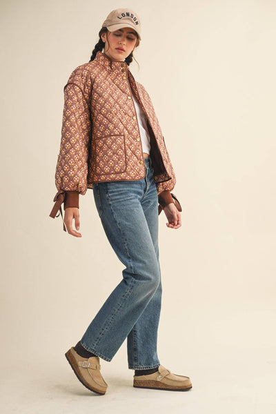 FLORAL QUILTED JACKET WITH RIBBON SLEEVE DETAIL MJK4432: Navy Teal Multi Floral / S