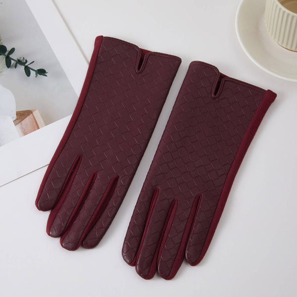 Woven Pattern Faux Leather Winter Gloves: Taupe
