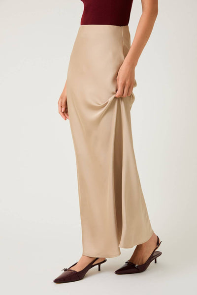 Bias Satin Midi Skirt: Tan