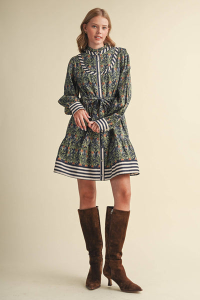 Floral Button Down Belted Mini Dress - Navy Garden