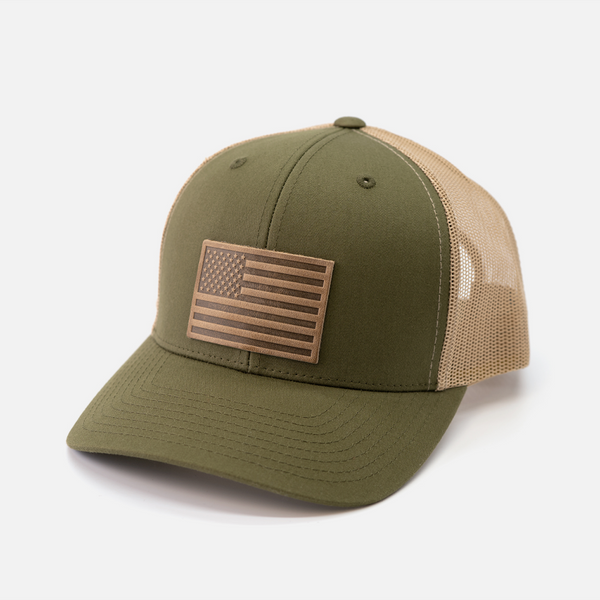 American Flag Hat - Leather Patch Trucker Snapback: Black