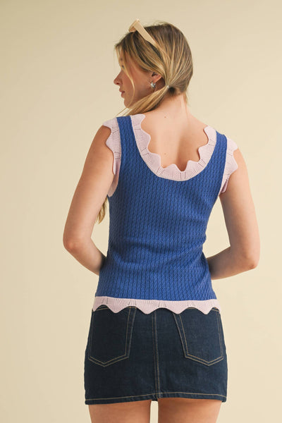 Scalloped Knit Sweater Tank - Blue & Lilac