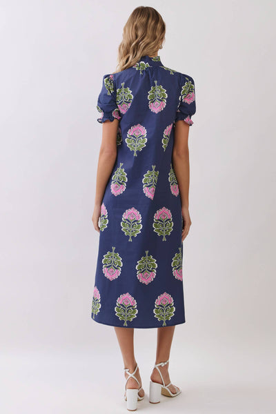 Floral Print Ruffle Collar Button Down Midi Dress: Navy