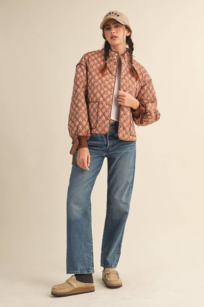 FLORAL QUILTED JACKET WITH RIBBON SLEEVE DETAIL MJK4432: Navy Teal Multi Floral / S