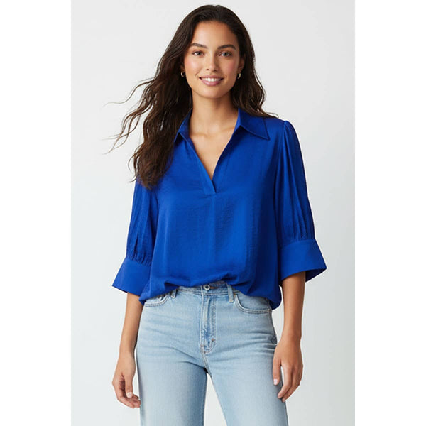 Half Sleeve Hi-lo Bubble Hem Blouse: Navy / M