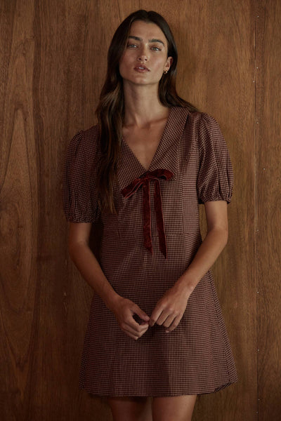 Woven Cotton Printed Collar Plunged V-Neck Mini: Brick Red