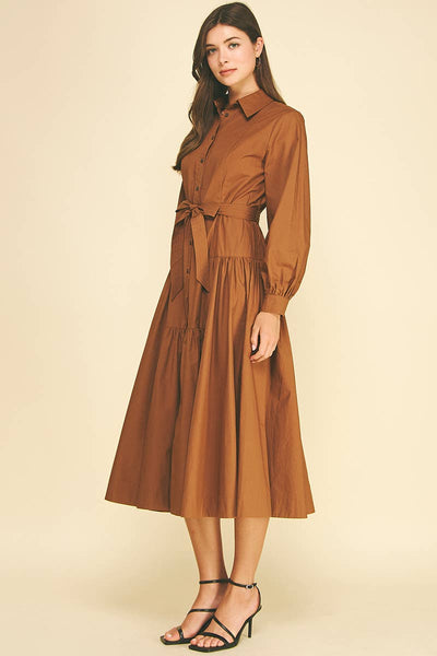 SOLID BUTTON DOWN TIERED MIDI DRESS - 7630D: INK / S