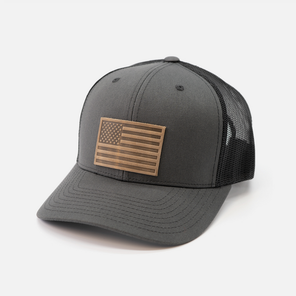 American Flag Hat - Leather Patch Trucker Snapback: Black