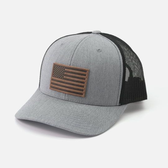 American Flag Hat - Leather Patch Trucker Snapback: Black