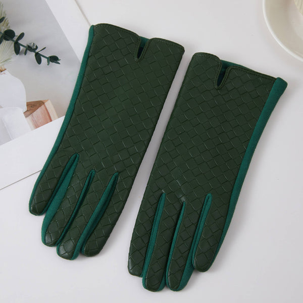 Woven Pattern Faux Leather Winter Gloves: Taupe