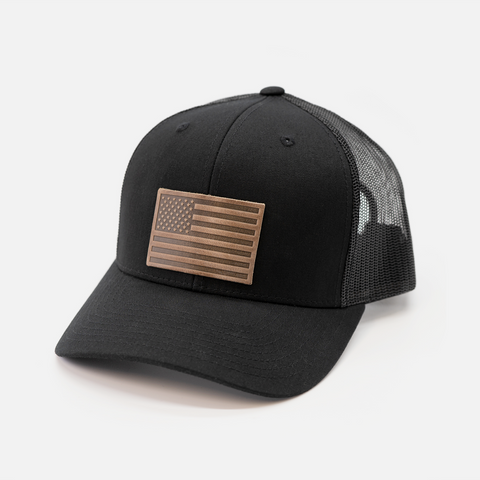 American Flag Hat - Leather Patch Trucker Snapback: Black