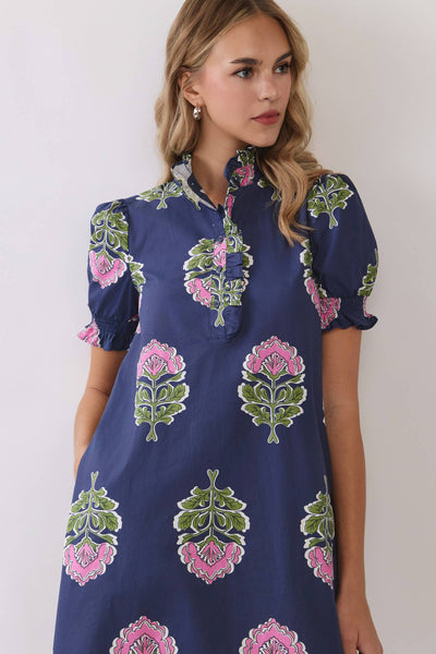 Floral Print Ruffle Collar Button Down Midi Dress: Navy