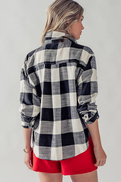 PLAID FLANNEL BUTTON DOWN SHIRT : BLACK / S-2/M-2/L-2