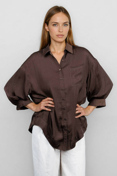Oversized 3/4 Sleeve Button Up Blouse: Navy / M