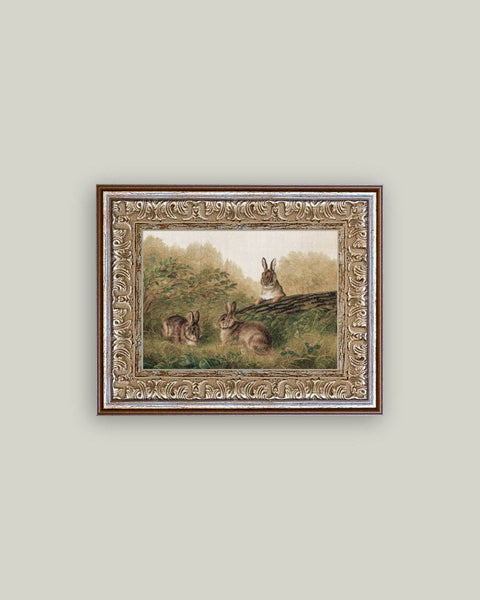 Rabbits on a Log Framed Antique Art: 7x5